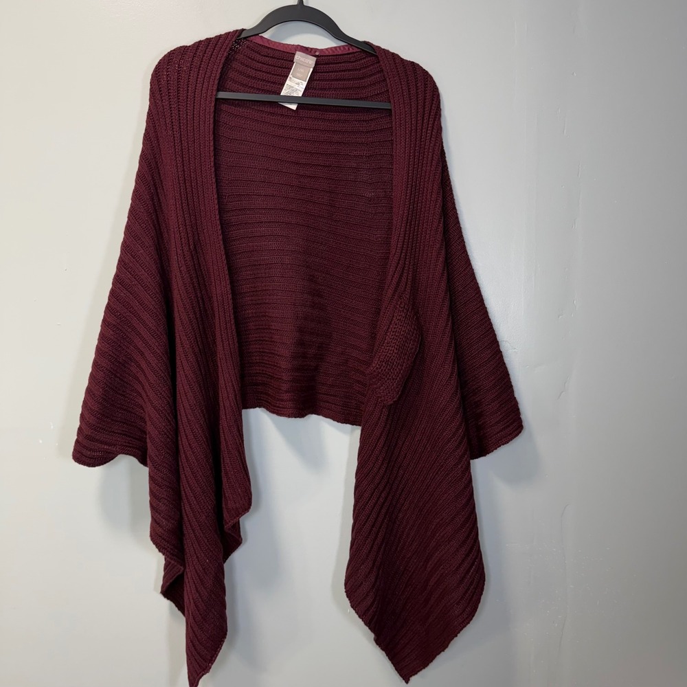 Chico's Burgundy Ribbed Knit Open Front Poncho Wrap Cardigan L/XL